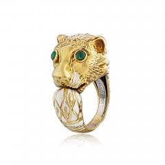 David Webb David Webb 18K Gold with a White Enamel Lion Head Vintage Ring - 1666034