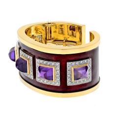 David Webb David Webb 18K Yellow Gold Bastille Purple Amethyst Red Enamel Diamond Bracelet - 3332427