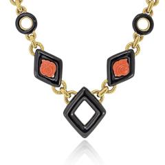 David Webb David Webb 18K Yellow Gold Black Enamel And Roses Coral Link Necklace - 4290031