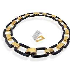 David Webb David Webb 18K Yellow Gold Black Enamel Large Link Gold Stations Necklace - 4612323