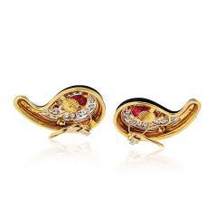 David Webb David Webb 18K Yellow Gold Black Enamel Ruby And Diamond Earrings - 4084610