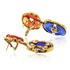 David Webb David Webb 18K Yellow Gold Lapis and Carved Coral Hammered Finish Earrings - 4612285