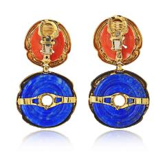 David Webb David Webb 18K Yellow Gold Lapis and Carved Coral Hammered Finish Earrings - 4612286