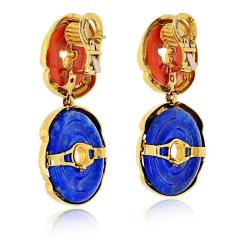 David Webb David Webb 18K Yellow Gold Lapis and Carved Coral Hammered Finish Earrings - 4612288