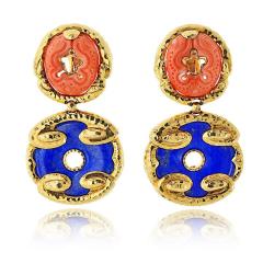 David Webb David Webb 18K Yellow Gold Lapis and Carved Coral Hammered Finish Earrings - 4614046