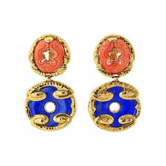David Webb David Webb 18K Yellow Gold Lapis and Carved Coral Hammered Finish Earrings - 4614057