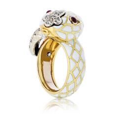 David Webb David Webb 18K Yellow Gold Snake Serpent White Enamel Ruby and Diamonds Ring - 4330657