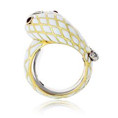 David Webb David Webb 18K Yellow Gold Snake Serpent White Enamel Ruby and Diamonds Ring - 4330658