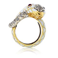 David Webb David Webb 18K Yellow Gold Snake Serpent White Enamel Ruby and Diamonds Ring - 4330659