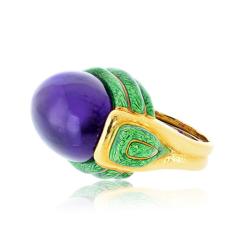 David Webb David Webb Amethyst 18K Yellow Gold Green Enamel Statement Cocktail Ring - 4814301