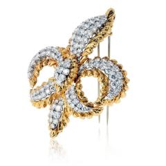 David Webb David Webb Fleur de lis Platinum 18K Yellow Gold 5 50cttw Round Diamond Brooch - 4511056