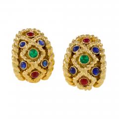 David Webb David Webb Mid 20th Century Sapphire Ruby Emerald and Gold Earrings - 240561