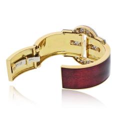 David Webb David Webb Platinum 18K YG Buckle Cuff Red Enamel Diamond Bangle Bracelet - 4452945