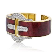 David Webb David Webb Platinum 18K YG Buckle Cuff Red Enamel Diamond Bangle Bracelet - 4452946