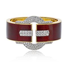 David Webb David Webb Platinum 18K YG Buckle Cuff Red Enamel Diamond Bangle Bracelet - 4454384