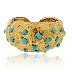 David Webb David Webb Platinum 18K YG Hammered Turquoise Cabochon Cut Cuff Bracelet - 4386378