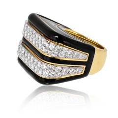 David Webb David Webb Platinum 18K Yellow Gold Black Enamel And Diamond Cocktail Ring - 4084647