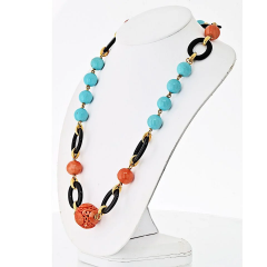 David Webb David Webb Platinum 18K Yellow Gold Coral Onyx Turquoise Necklace - 3888302