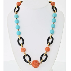 David Webb David Webb Platinum 18K Yellow Gold Coral Onyx Turquoise Necklace - 3888308