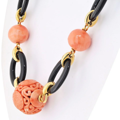 David Webb David Webb Platinum 18K Yellow Gold Coral Onyx Turquoise Necklace - 3888317