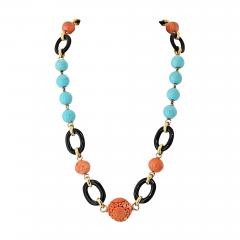 David Webb David Webb Platinum 18K Yellow Gold Coral Onyx Turquoise Necklace - 3889524