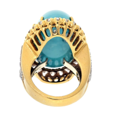 David Webb David Webb Platinum 18K Yellow Gold Large Oval Turquoise And Diamond Ring - 3947071