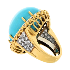 David Webb David Webb Platinum 18K Yellow Gold Large Oval Turquoise And Diamond Ring - 3947076