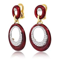 David Webb David Webb Platinum 18K Yellow Gold Red Enamel Diamond Earrings - 4452926
