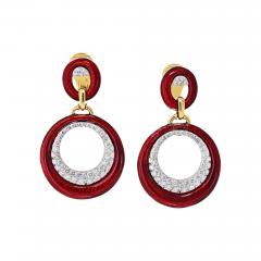 David Webb David Webb Platinum 18K Yellow Gold Red Enamel Diamond Earrings - 4454373