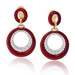 David Webb David Webb Platinum 18K Yellow Gold Red Enamel Diamond Earrings - 4454382