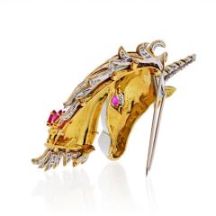 David Webb David Webb Unicorn 18K Yellow Gold White Enamel Diamonds And Rubies Brooch - 4488489