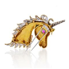 David Webb David Webb Unicorn 18K Yellow Gold White Enamel Diamonds And Rubies Brooch - 4488490