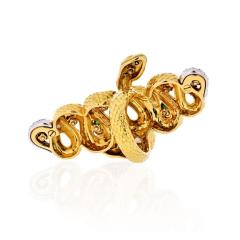 David Webb KINGDOM 18K YELLOW GOLD TWO SNAKES EMERALDS DIAMONDS INTERLOCKING RING - 1786299