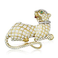 David Webb KINGDOM PLATINUM 18K YELLOW GOLD WHITE ENAMEL PANTHER W DIAMOND COLLAR BROOCH - 1767533