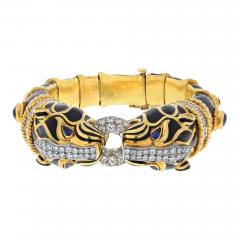 David Webb PLATINUM 14K YELLOW GOLD DOUBLE LION BLACK ENAMEL SAPPHIRE EYES DIAMONDS - 3210356