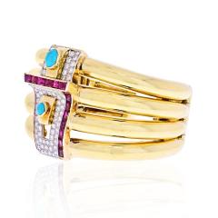 David Webb PLATINUM 18K YELLOW GOLD 1960S DIAMOND RUBY AND TURQUOISE BANGLE BRACELET - 1902625