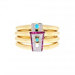 David Webb PLATINUM 18K YELLOW GOLD 1960S DIAMOND RUBY AND TURQUOISE BANGLE BRACELET - 1904927