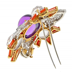 David Webb PLATINUM 18K YELLOW GOLD AMETHYST CORAL AND ROCK CRYSTAL STAR BROOCH - 2854493