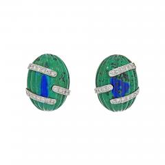 David Webb PLATINUM 18K YELLOW GOLD AZURMALACHITE AND DIAMOND BOMBE FLUTED CLIP EARRINGS - 2895870