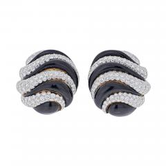 David Webb PLATINUM 18K YELLOW GOLD BLACK ENAMEL AND DIAMOND ROUND CLIP EARRINGS - 1965662