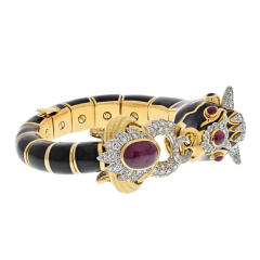 David Webb PLATINUM 18K YELLOW GOLD BLACK ENAMEL RED RUBY DIAMOND BULL BRACELET - 3101340