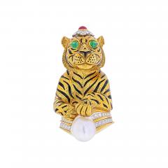 David Webb PLATINUM 18K YELLOW GOLD BLACK STRIPED TIGER WITH EMERALD RUBY PEARL BROOCH - 3430304