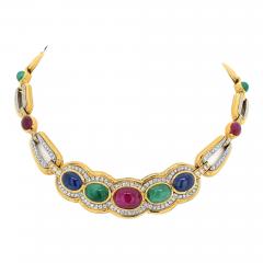 David Webb PLATINUM 18K YELLOW GOLD CABOCHON CUT SAPPHIRE RUBY AND EMERALD NECKLACE - 3254691