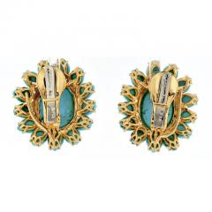 David Webb PLATINUM 18K YELLOW GOLD CABOCHON CUT TURQUOISE FLOWER CLIP ON EARRINGS - 3263538