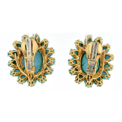 David Webb PLATINUM 18K YELLOW GOLD CABOCHON CUT TURQUOISE FLOWER CORAL CLIP ON EARRINGS - 3101325