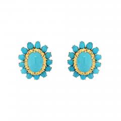David Webb PLATINUM 18K YELLOW GOLD CABOCHON CUT TURQUOISE FLOWER CORAL CLIP ON EARRINGS - 3103209
