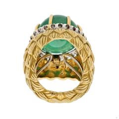 David Webb PLATINUM 18K YELLOW GOLD CABOCHON GREEN EMERALD AND DIAMOND TEXTURED RING - 3321593