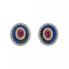 David Webb PLATINUM 18K YELLOW GOLD CARVED AZURMALACHITE DIAMOND RUBY CLIP EARRINGS - 3182874
