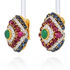 David Webb PLATINUM 18K YELLOW GOLD COLOR GEMSTONE RED GREEN AND BLUE DIAMOND EARRINGS - 2270254
