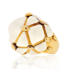 David Webb PLATINUM 18K YELLOW GOLD DOME OFF WHITE ENAMEL CREAM CRISS CROSS COCKTAIL RING - 3180834